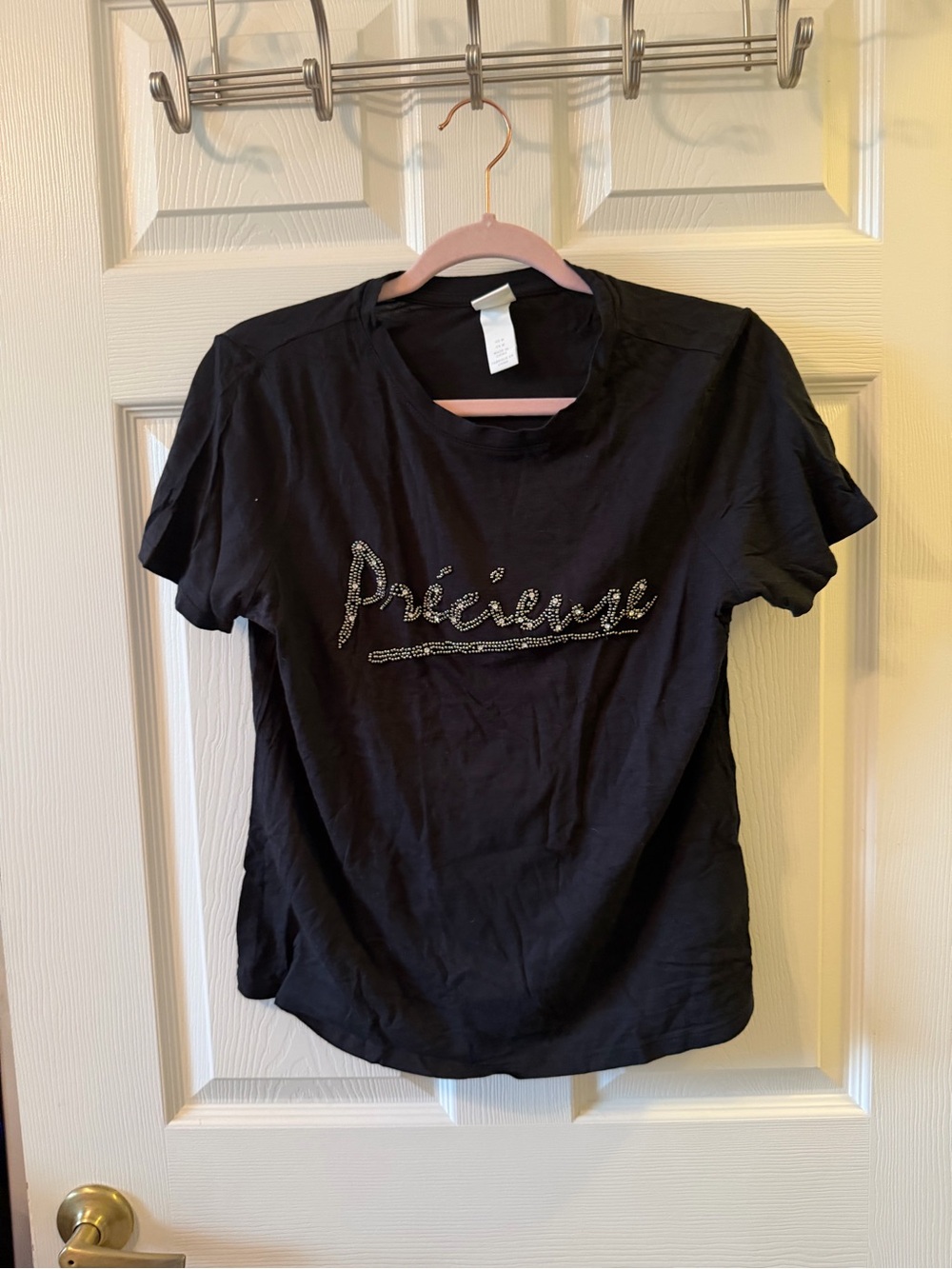 H&M Black Short Sleeve Tee with Rhinestone Script